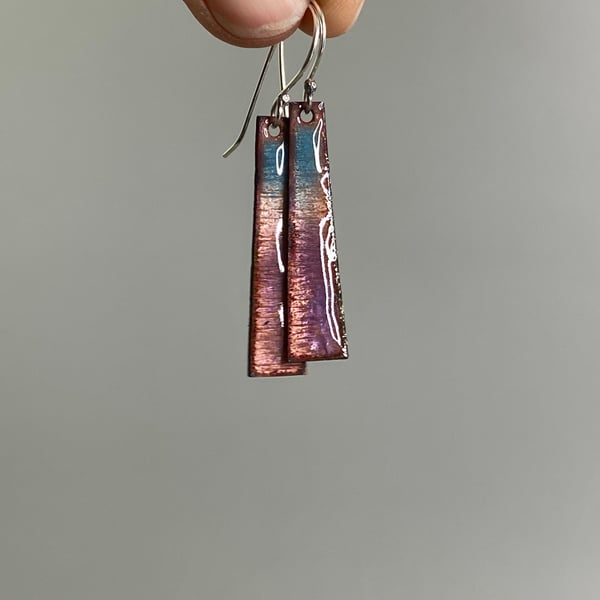 Triangle Drop earrings in teal and purple enamel