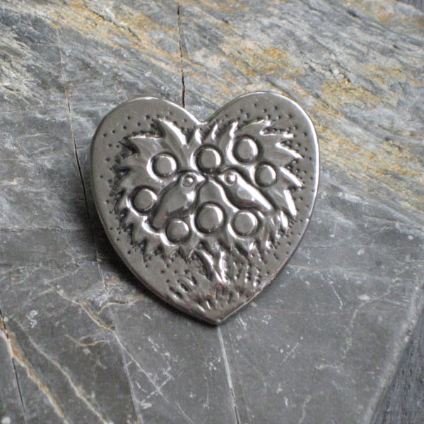 Heart Brooch in Silver Pewter, Birds in Tree