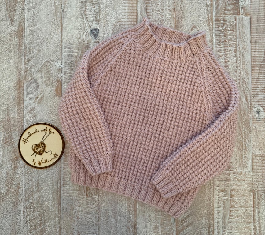 IN STOCK Handknitted Wool Mix Baby Jumper. Size 1-2 years. Colour Powder Pink.