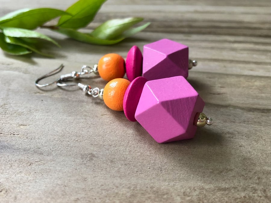 Pink & Orange Wooden Bead Earrings. Lightweight Dangly Earrings