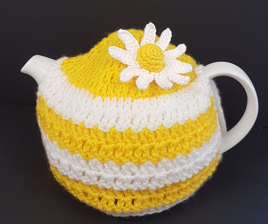 Yellow & White stripe tea cosy with flower
