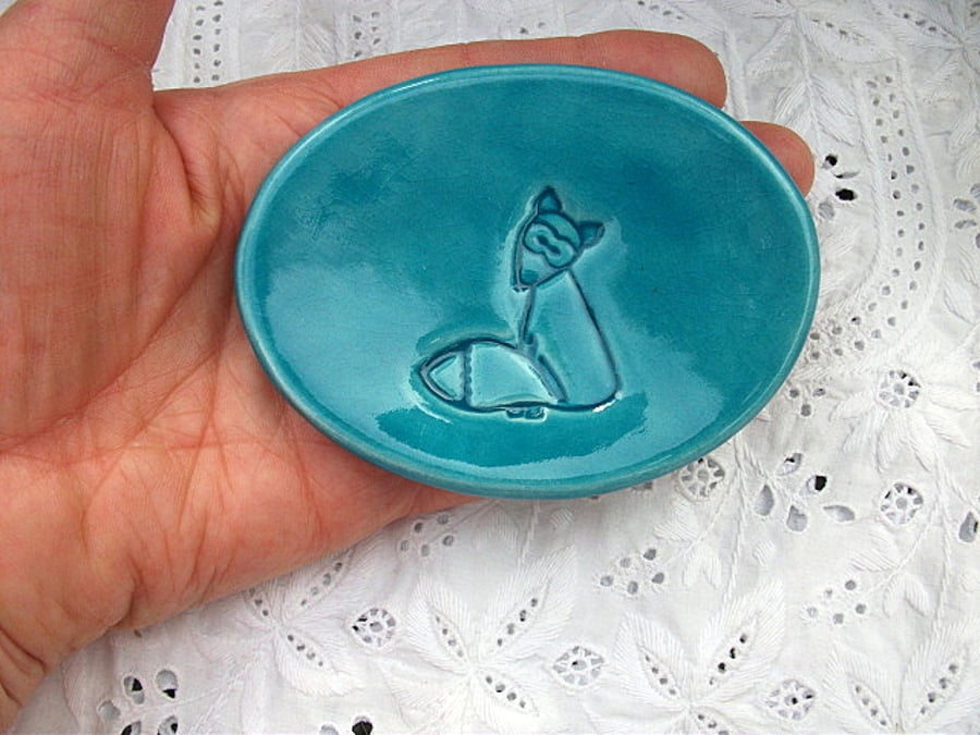 SALE - Small Turquoise ceramic fox trinket dish
