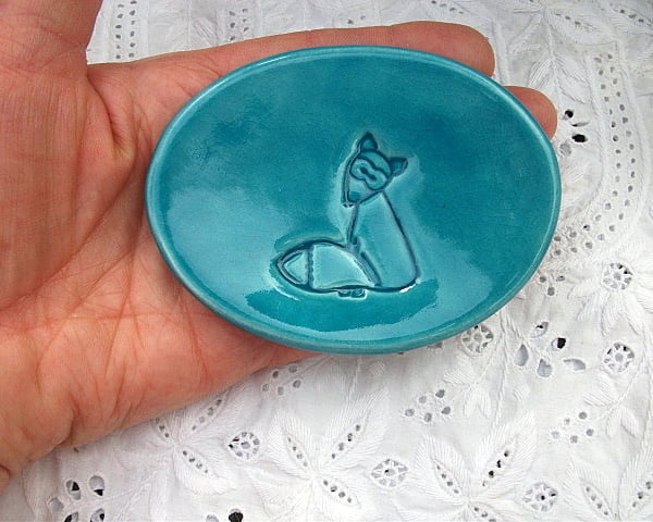 SALE - Small Turquoise ceramic fox trinket dish
