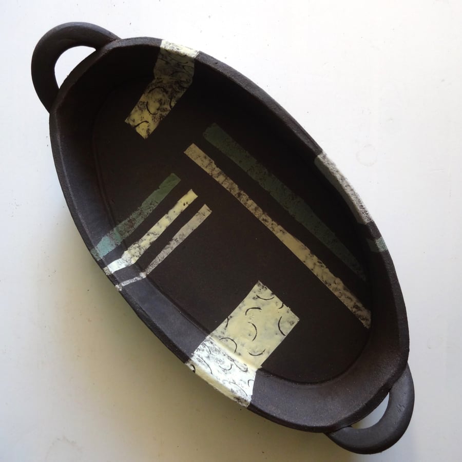 Oval ceramic platter tray. Handmade with abstract art decoration and sgraffito.