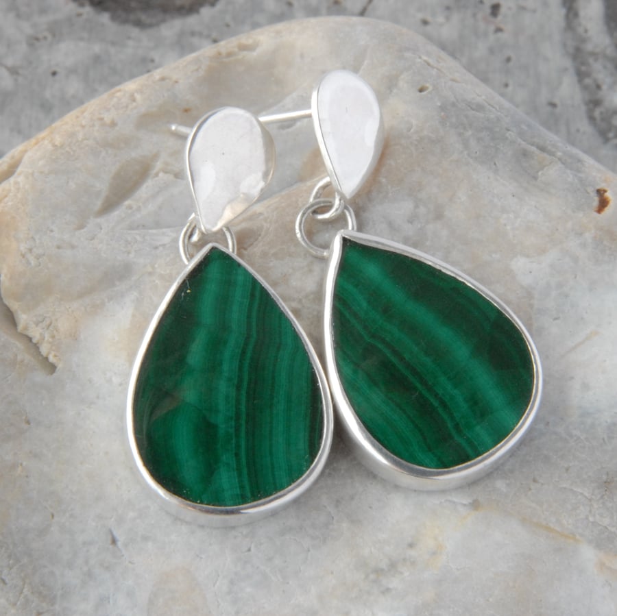 Sterling silver and deep green malachite drop earrings