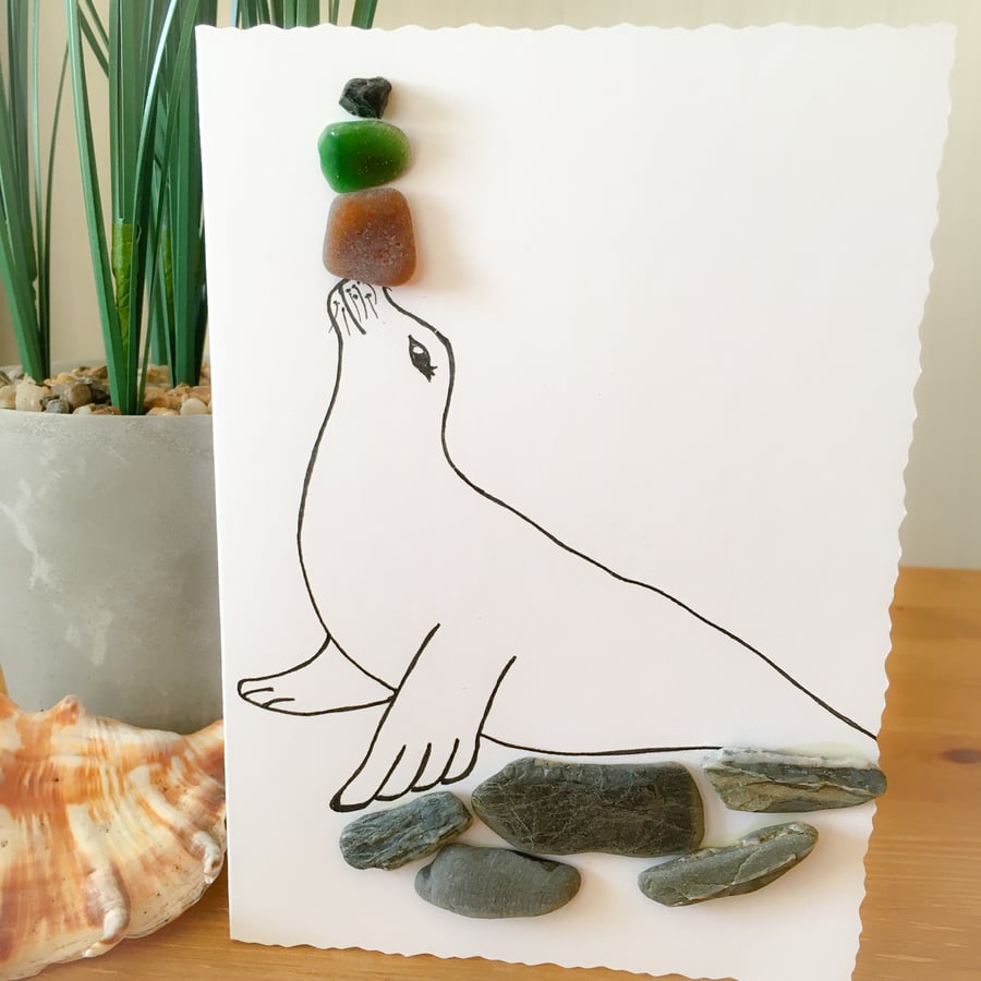 SALE- Cornish sea glass ‘Seal’ hand drawn card