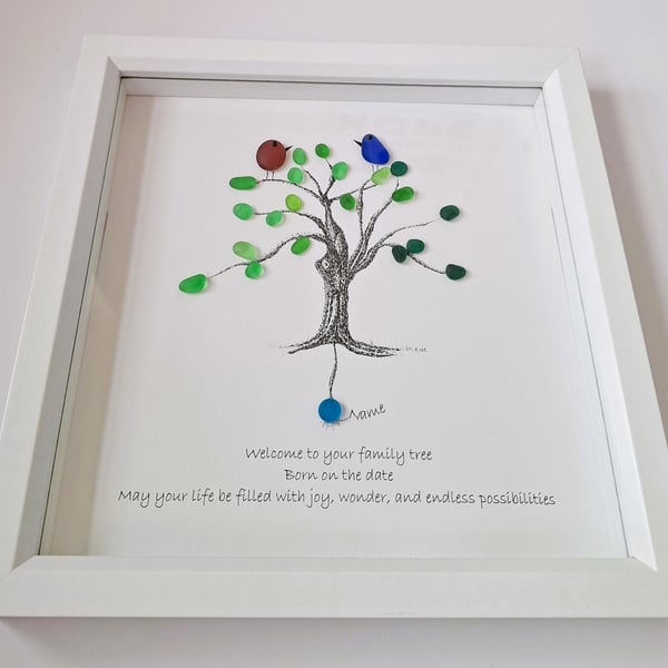 Personalised New Baby Print: Family Bird Art with Sea Glass