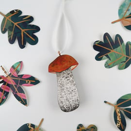 Orange birch bolete hanging ornament, mushroom decoration for Christmas tree.