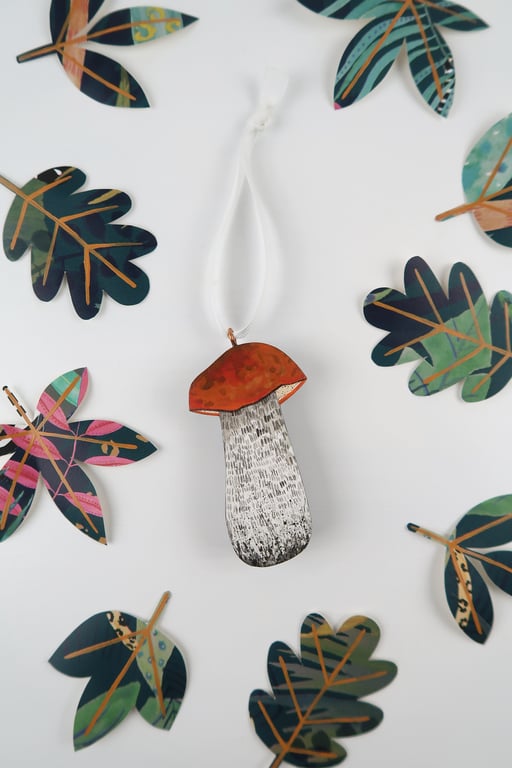 Orange birch bolete hanging ornament, mushroom decoration for Christmas tree.