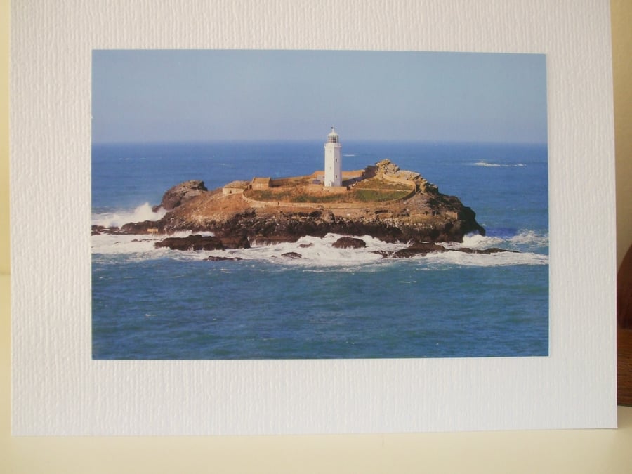 Greeting card with a photo of Godrevy Lighthouse, St Ives Bay, Cornwall.