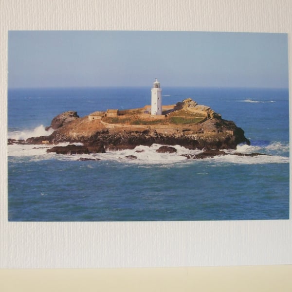 Greeting card with a photo of Godrevy Lighthouse, St Ives Bay, Cornwall.