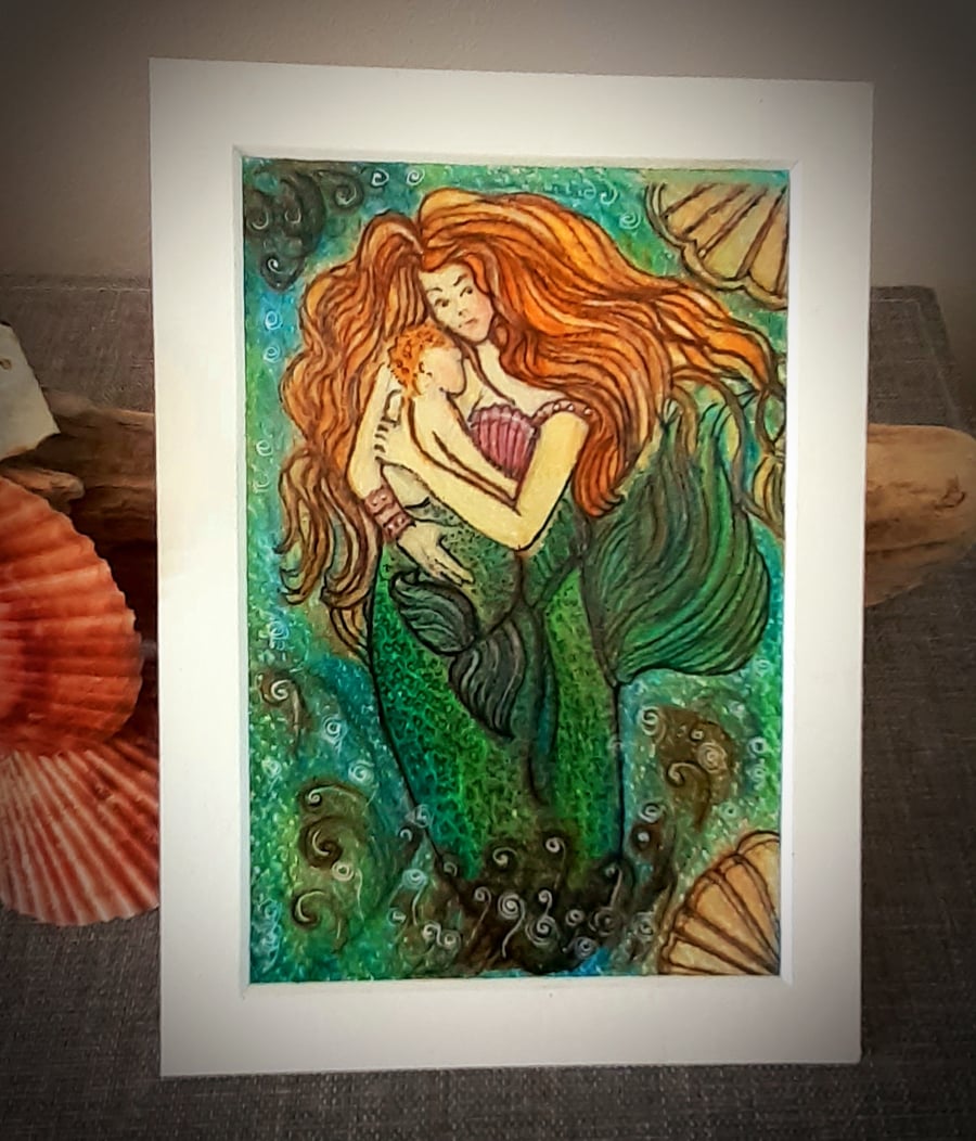 "Mermaid and baby "  mounted  coloured drawing 