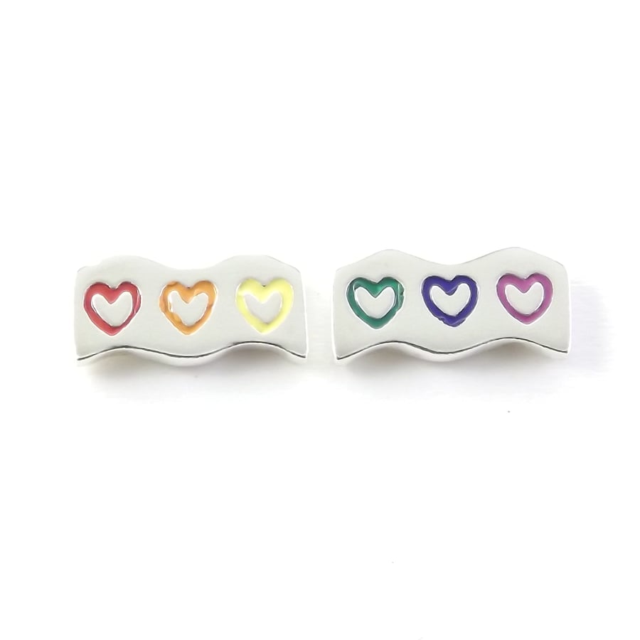 Rainbow Heart Stud Earrings, Silver Love Jewellery, Handmade Gift for Her