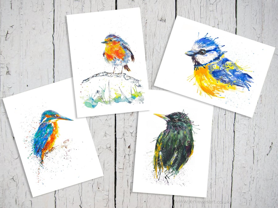 British Birds Art Cards, robin, starling, kingfisher, blue tit, set of 4