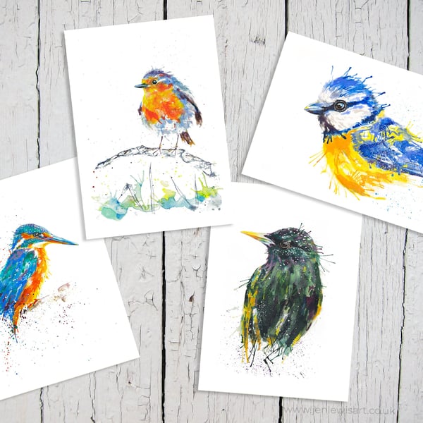 British Birds Art Cards, robin, starling, kingfisher, blue tit, set of 4