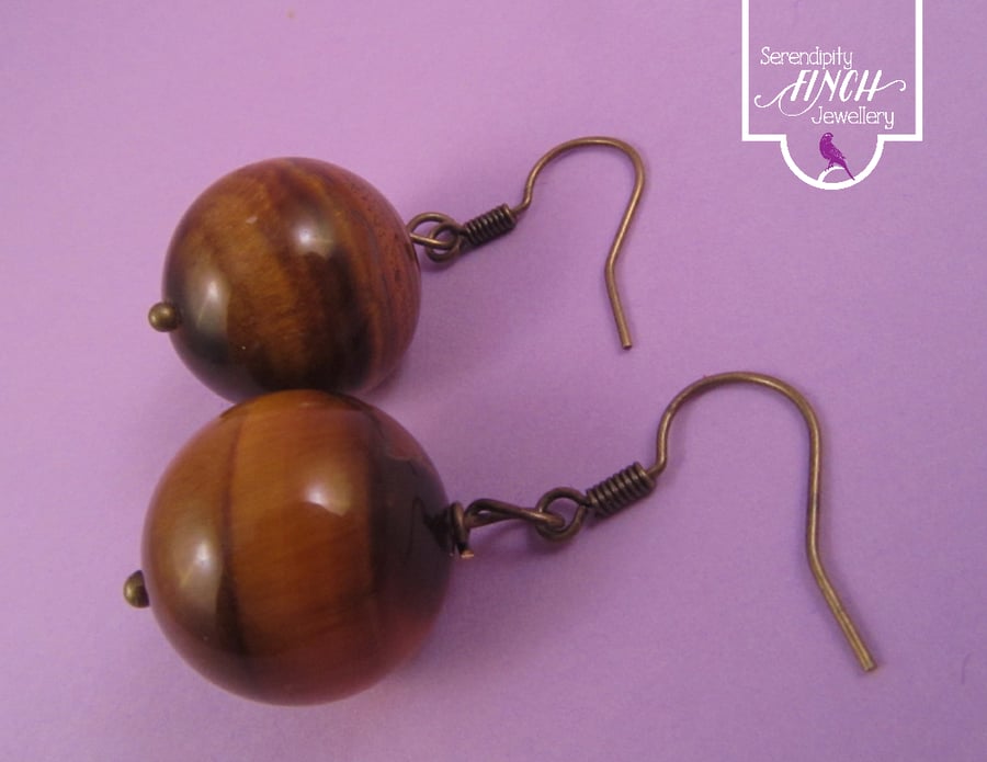 Brown Tigers Eye Antique Bronze Earrings