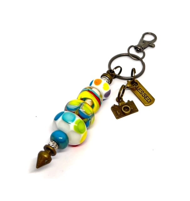 Handmade Bright Polka-Dot Lamp-work Glass Bead Bag Charm Keyring  Unique Gift 
