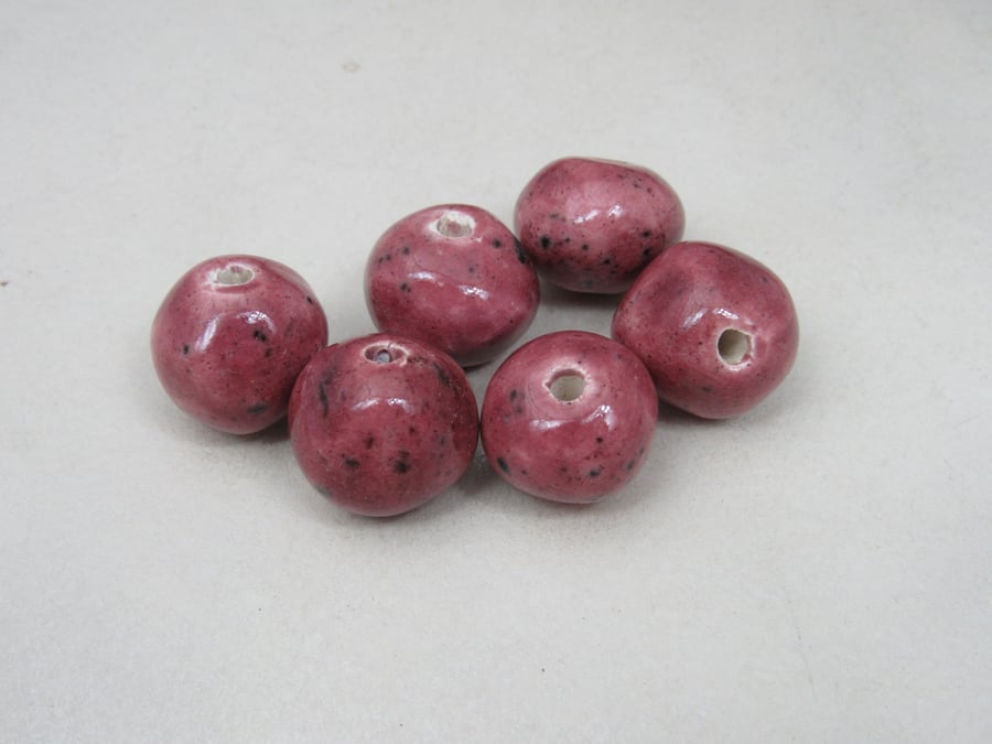 6 Medium Speckled Rose Glazed Clay Beads