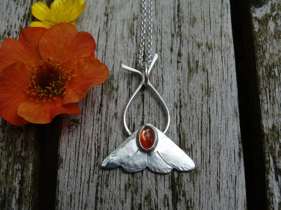 Midsummer moth with sunstone recycled silver pendant