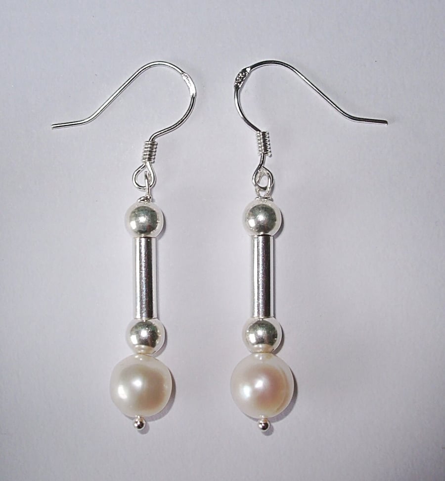 Large White Freshwater Pearl and Sterling Silver drop earrings