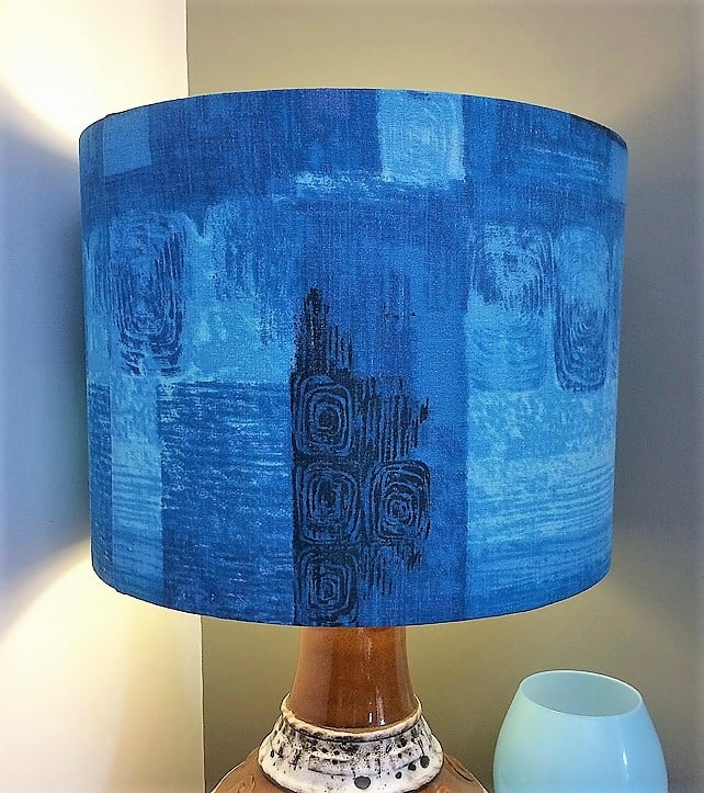 Dramatic Abstract BLUE BARKCLOTH Vintage Fabric Lampshade