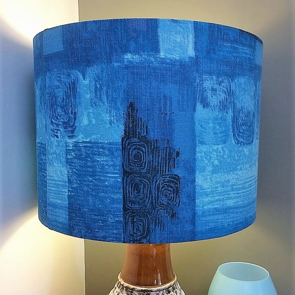 Dramatic Abstract BLUE BARKCLOTH Vintage Fabric Lampshade