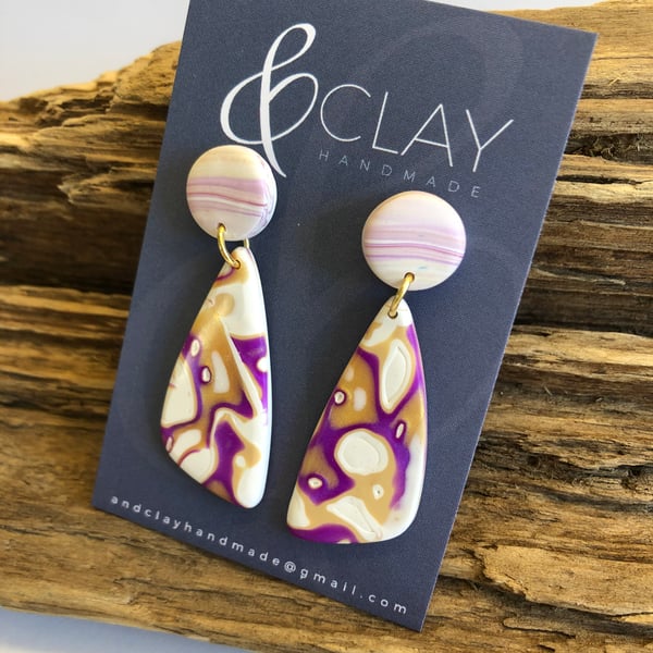 Purple,Gold and White Mokume Gane Polymer Clay Earrings