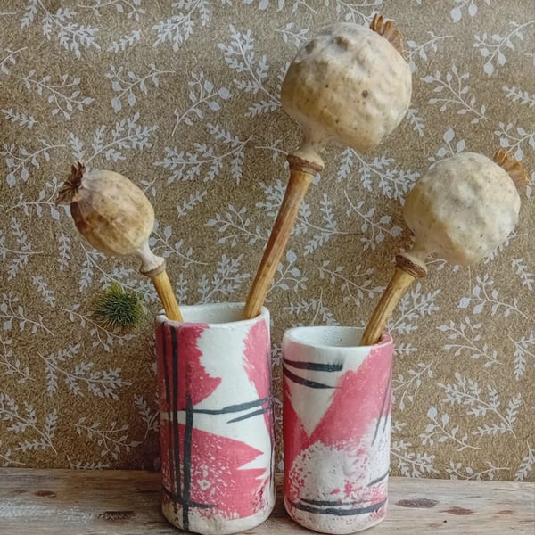 Ceramic mini cups,shot glasses, bud vases mismatched pair,rustic pair of