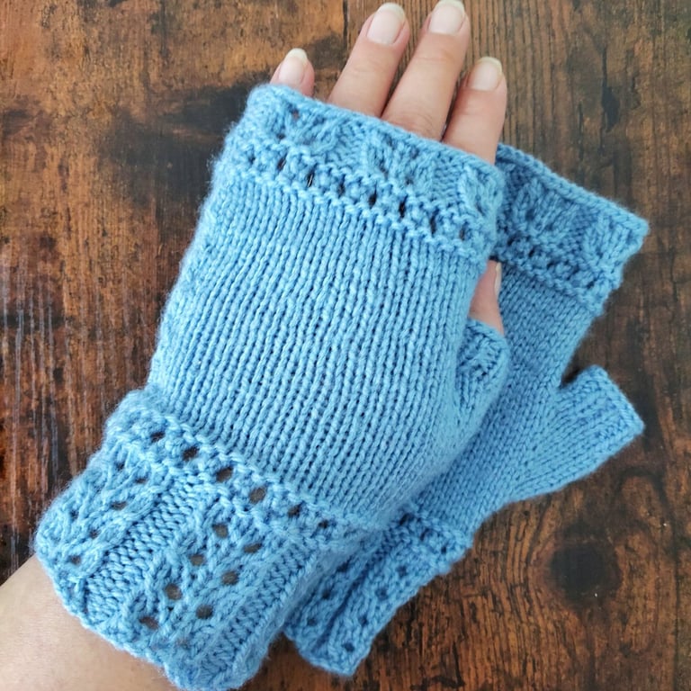 Blue Knitted Fern Leaf Fingerless Gloves 