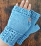Blue Knitted Fern Leaf Fingerless Gloves 