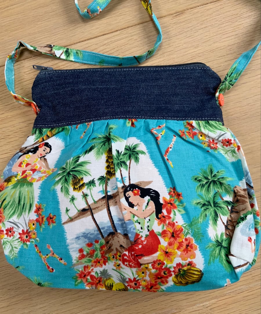 Denim and Hawaiian fabric handbag