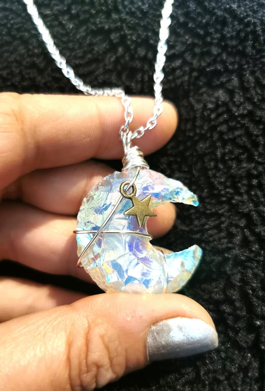 Quartz Moon Aura crystal pendant, silver, stars and celestial Jewelry, silver ne