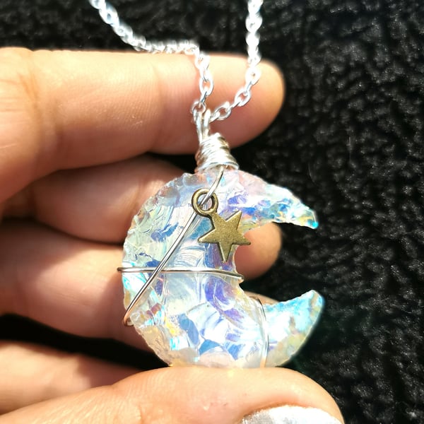Quartz Moon Aura crystal pendant, silver, stars and celestial Jewelry, silver ne