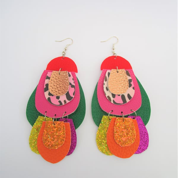 Green Pink Gold Faux Leather Earrings - statement earrings - glam earrings