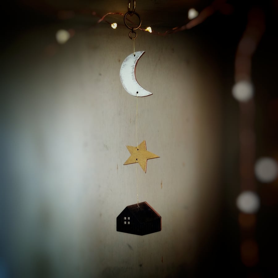 Moonshine Drop Mobile, Moon, Star & Cabin Mobile, Wooden Hanging Decoration