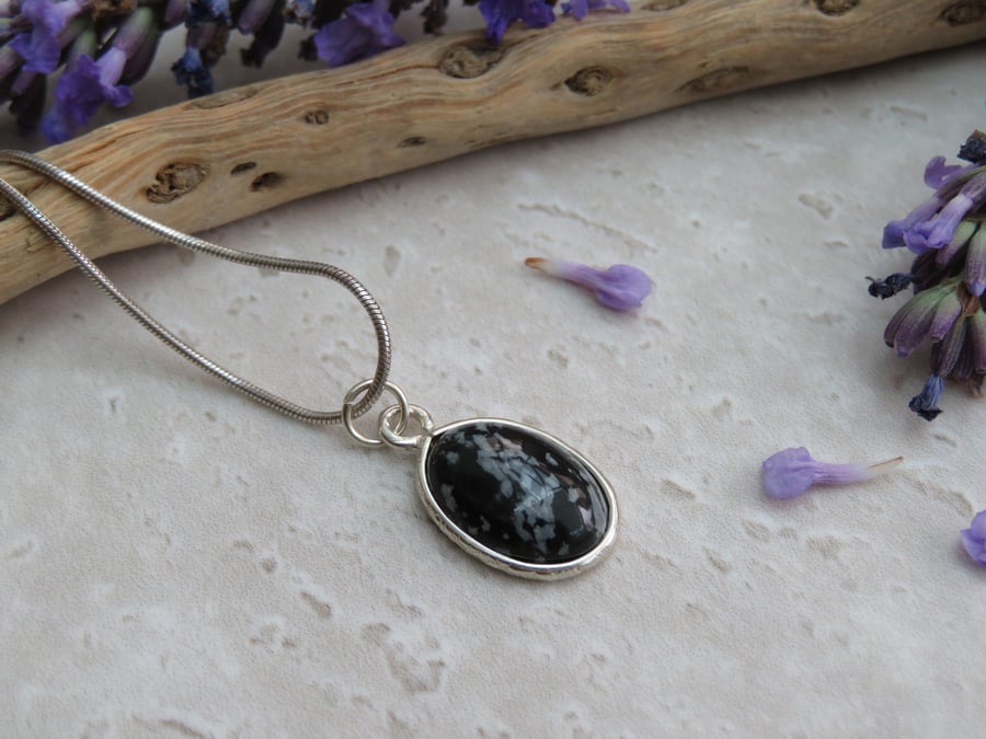 Natural Snowflake Obsidian Silver Mount Necklace