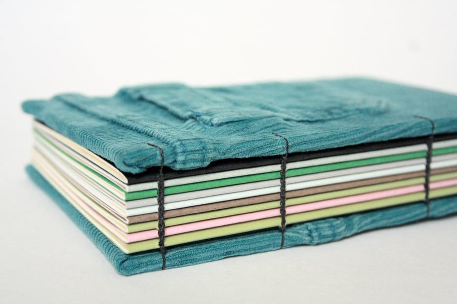 Recycled Notebook, upcycled teal corduroy jeans covers, vademecum size