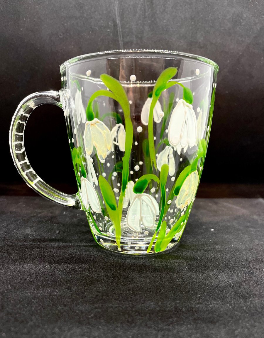Hand Painted Glass Mug Personalised Mug with Snowdrop Flower Design 