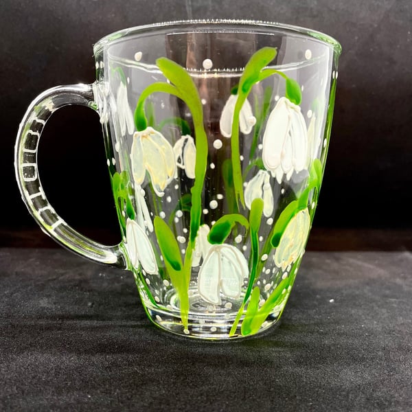 Hand Painted Glass Mug Personalised Mug with Snowdrop Flower Design 