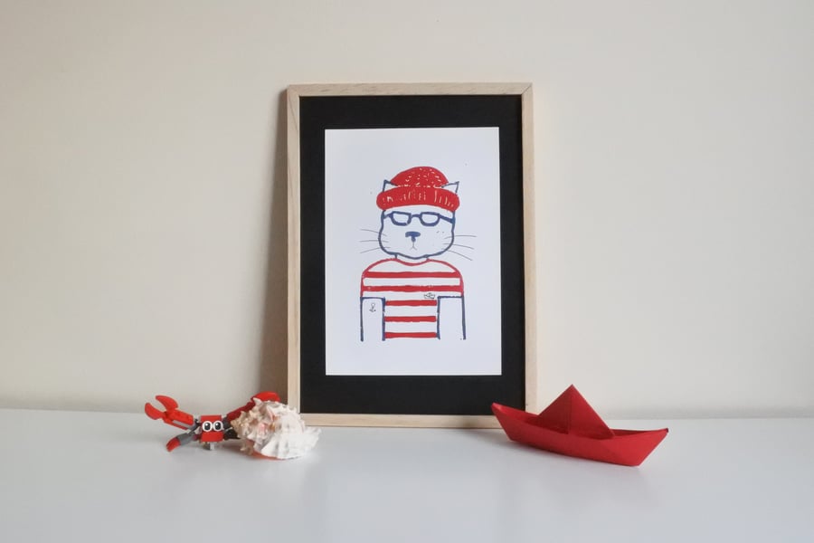 Horace the Fisherman Hipster Cat – Original Handmade Lino Print