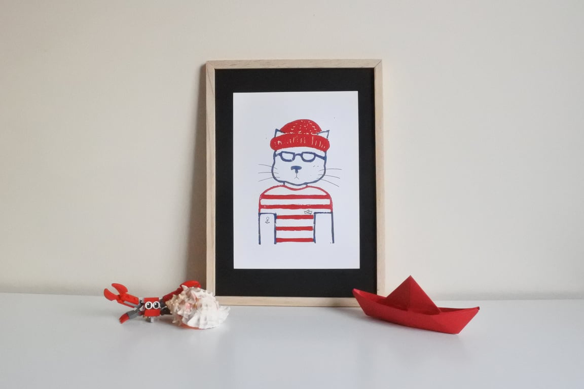 Horace the Fisherman Hipster Cat – Original Handmade Lino Print