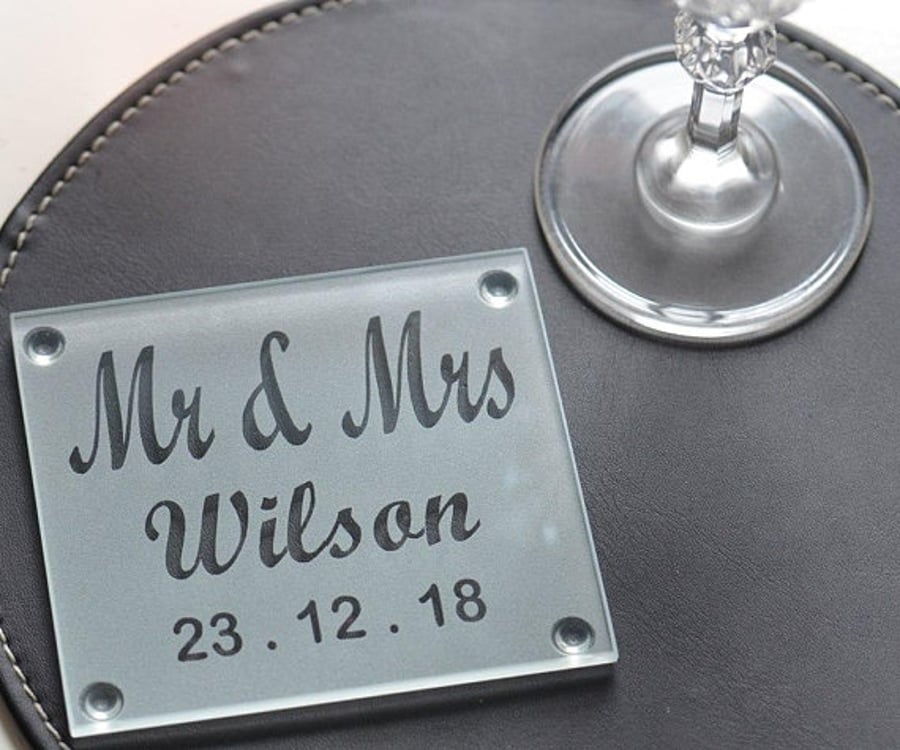 Personalised Etched Engraved Glass Wedding Coaster Pair