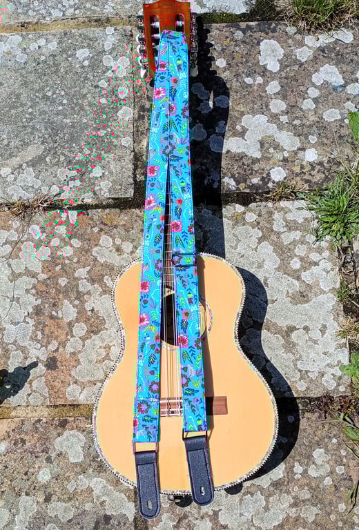 Handmade Bright Blue Flowers and skeletons ukulele neck strap 