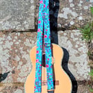 1.5 inch Ukulele Neck Strap Bright Blue Flowers and Skeletons 