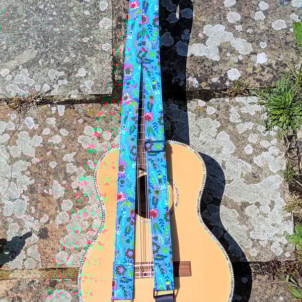 Handmade Bright Blue Flowers and skeletons ukulele neck strap 