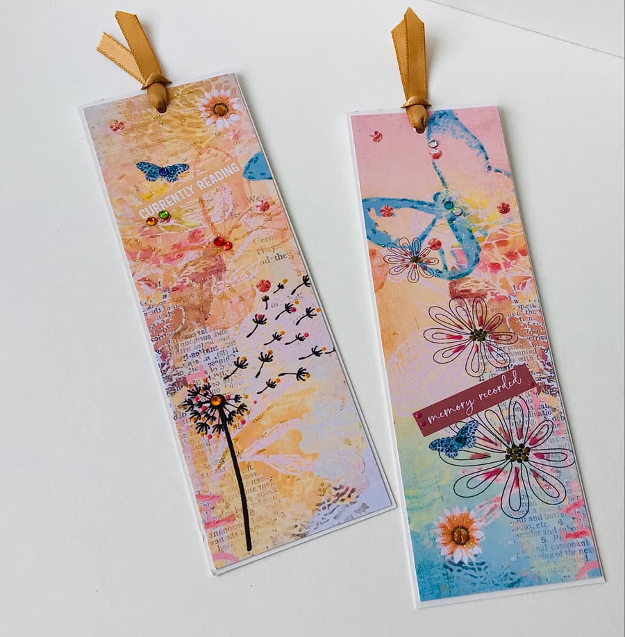 Bookmarks Set of Two, Printed Handfinished, Floral Collage Design,