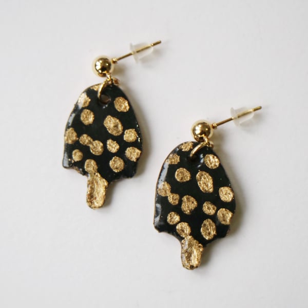 Toadstool Earrings, Gold-Leaf on Black Resin Handmade Gold Plated Mushroom Studs