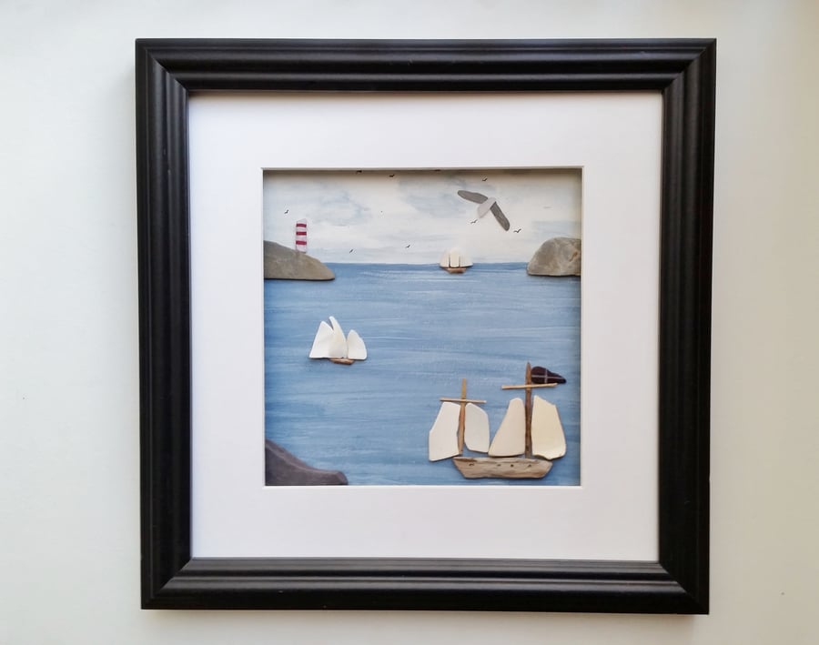 Coastal Framed Wall Art, Tall Ships with Sea Pottery Sails, Made in Cornwall