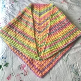 Pastel multi coloured hand crocheted triangle shawl, winter wrap accessory