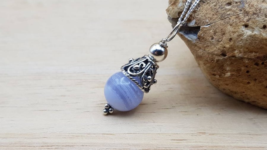 Small Blue lace agate pendant necklace. Pisces jewellery